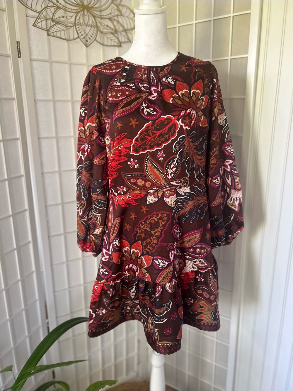 Boho Paisley Mini Dress | Pre-Loved | Long Sleeves | Button Shoulder Detail